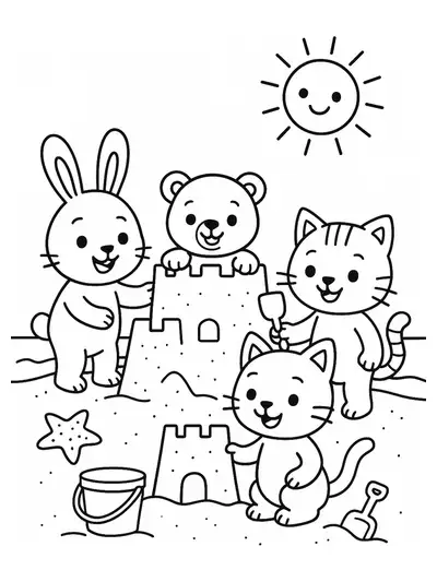 Easy coloring page with happy cartoon animals playing on the beach with a sandcastle and sun.