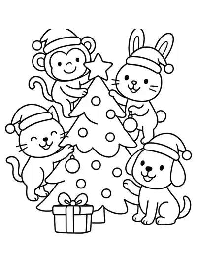 Easy coloring page with smiling animals decorating a Christmas tree.