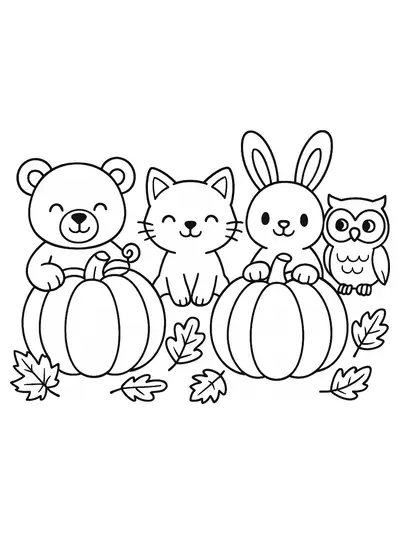 Simple coloring page with happy animals sitting among pumpkins and leaves.
