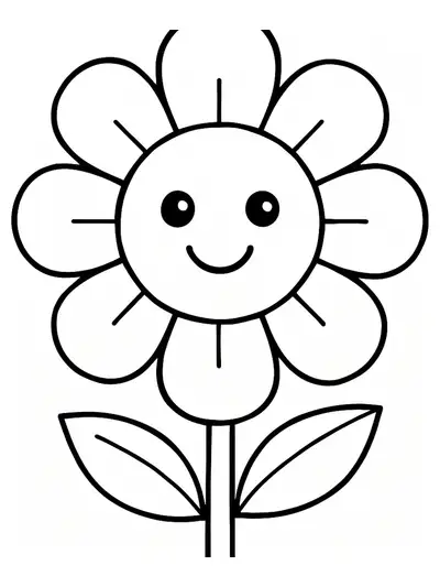 Easy Mother's Day flower coloring page with a smiling face for preschoolers.