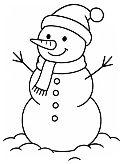 Simple line art of a smiling snowman with a hat and scarf, standing in the snow, for easy coloring.