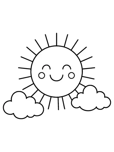 Coloring page of a smiling sun with simple fluffy clouds, easy for preschool children.