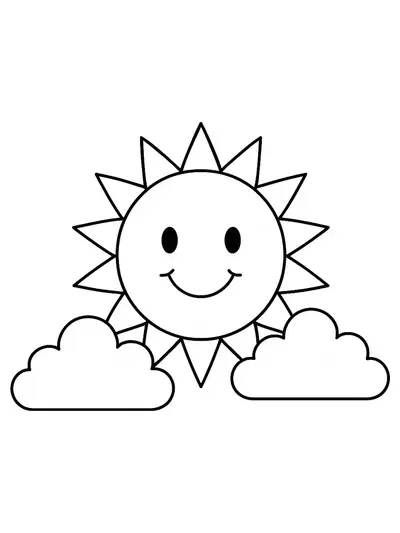 Simple drawing of a smiling sun with two clouds, easy for preschool coloring