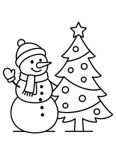 Simple line art of a snowman standing next to a Christmas tree for coloring