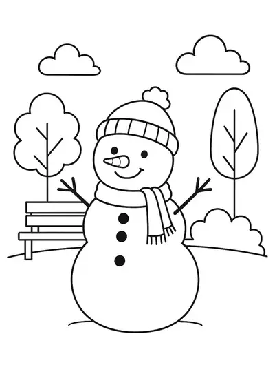 Easy outline of a snowman in a park with a bench and trees for preschool coloring