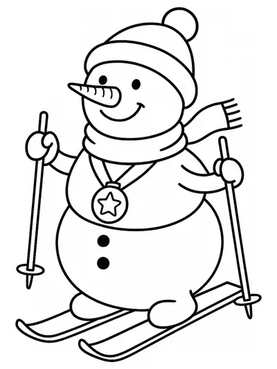Easy coloring page showing a snowman on skis with a medal, winter sports theme for children.