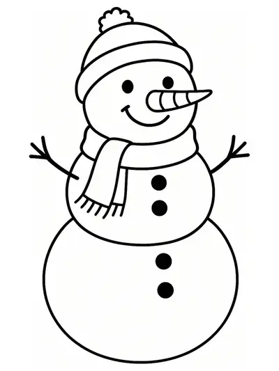 Simple line art of a snowman with a hat, scarf, and buttons, standing in the snow with a smiling face.