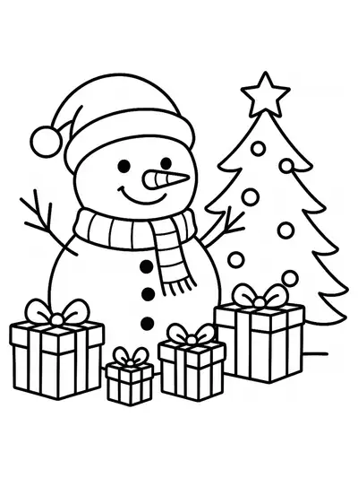 Simple line art of a snowman with a Santa hat, scarf, presents, and a Christmas tree, easy coloring page for kids.