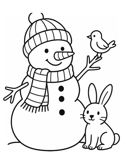 Simple snowman with a bunny and a bird for easy preschool coloring