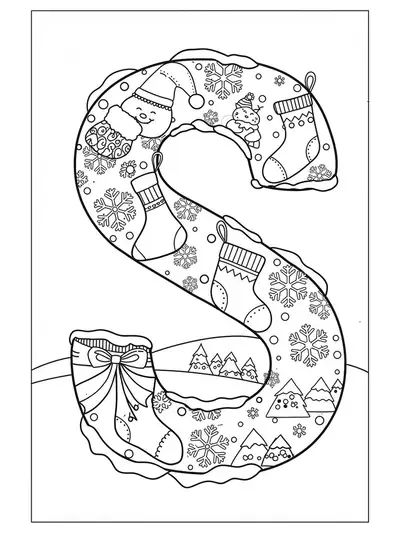 Coloring page features a large letter S with snowflakes, stockings, and winter scenes.