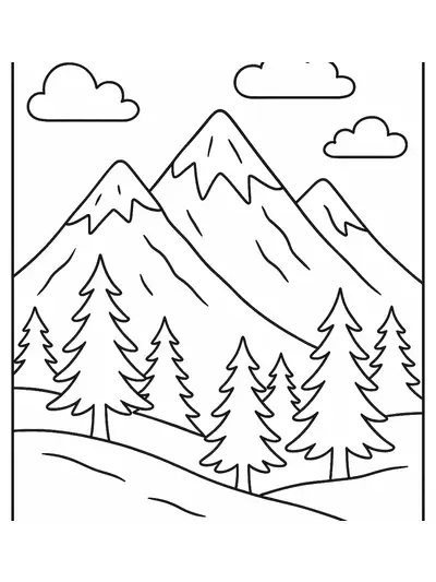 Easy winter coloring page with snowy mountains and pine trees