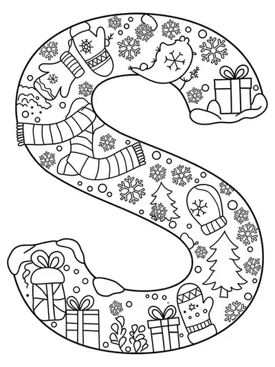 Letter S with detailed snowflakes, mittens, scarves, and pine trees for preschoolers to color