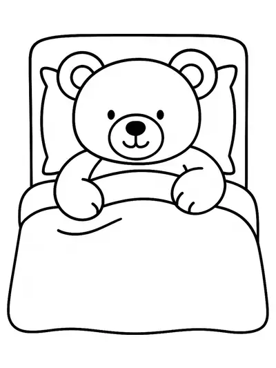 Large teddy bear tucked in bed with a blanket, simple lines, easy for preschoolers.
