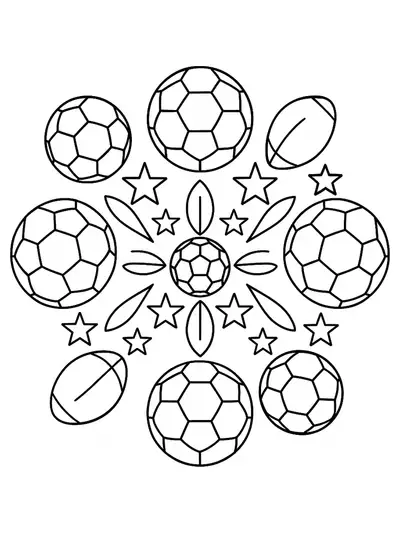 Elementary-level mandala with soccer balls and sporty shapes in a simple design.