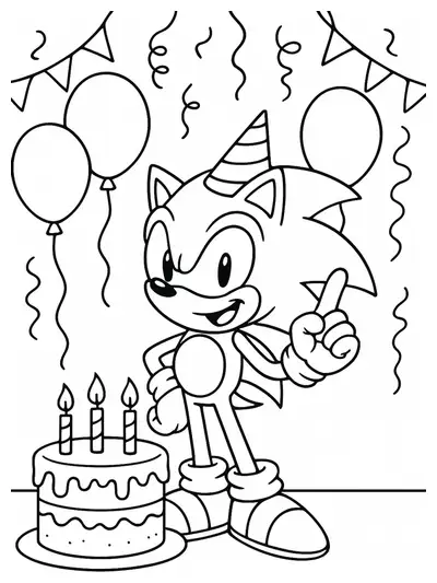 Sonic holding balloons with a birthday cake and party decorations, easy coloring page