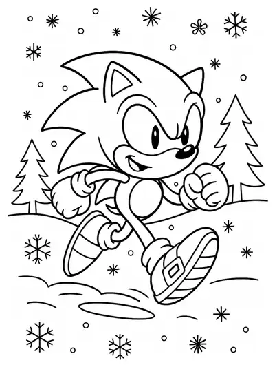 Sonic running through snow with trees and snowflakes, easy coloring page