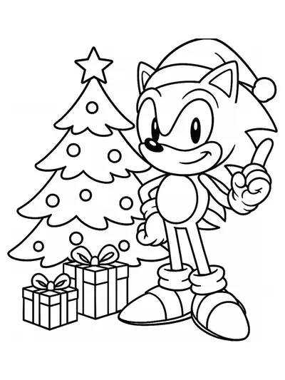 Sonic the Hedgehog in a Santa hat with presents and a Christmas tree, easy coloring page.