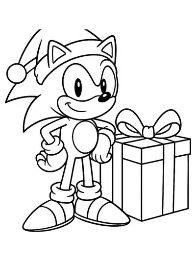 Sonic the Hedgehog wearing a Santa hat next to a large present, easy coloring page