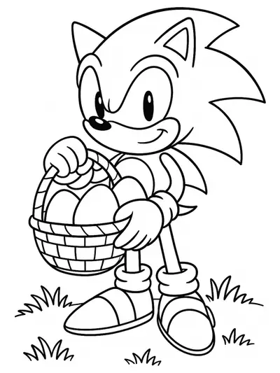 Sonic holding an Easter basket with big eggs in the grass.