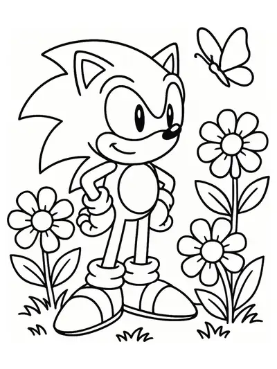 Sonic the Hedgehog in a garden with big flowers and a butterfly, easy coloring page