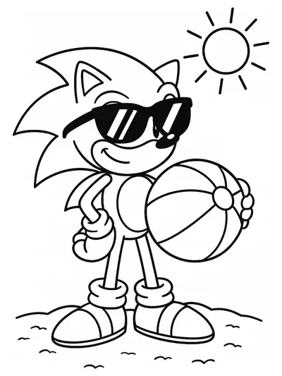 Sonic the Hedgehog wearing sunglasses and holding a beach ball on the sand, easy coloring page