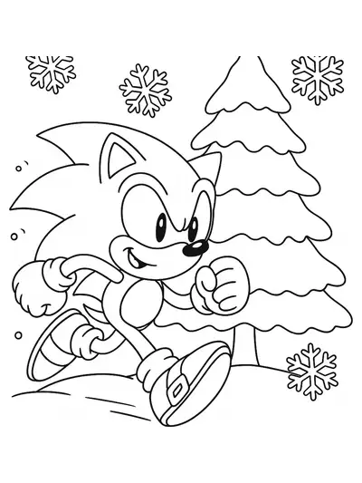Simple Sonic running with snowflakes and a snow-covered tree.