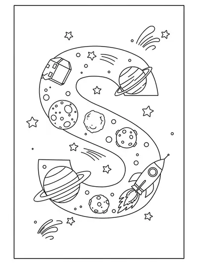 Large letter S with planets, stars, and a rocket ship, outlined for elementary coloring.