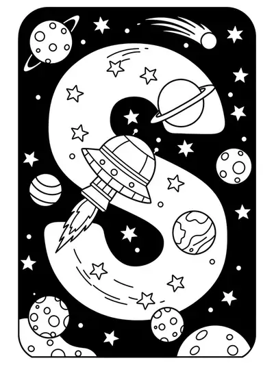 Coloring page with a big letter S, spaceship, stars, and planets