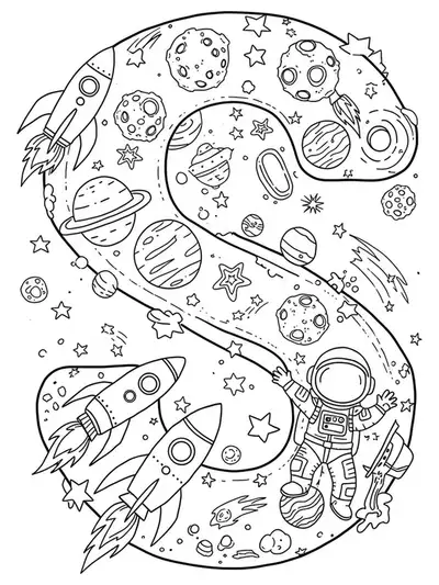 Letter S with intricate space-themed details like rockets, planets, and stars for hard coloring.