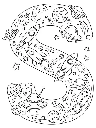 Detailed letter S with rockets, planets, stars, and UFOs for preschool space-themed coloring
