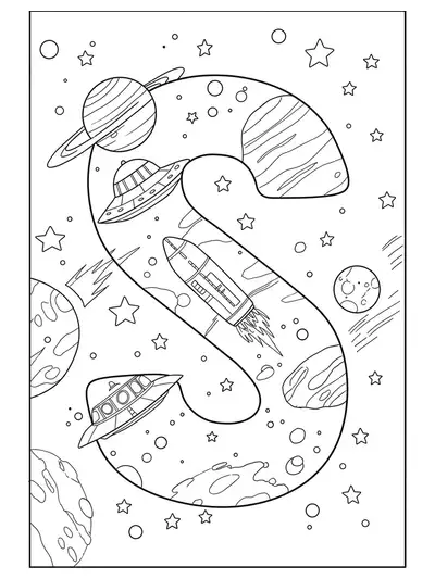 Coloring page shows a large letter S among spaceships, stars, and the planet Saturn.