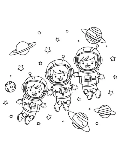 Astronaut kids floating near rockets and planets in space