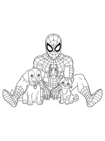 Spiderman sitting with a puppy and a kitten, all smiling