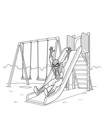 Spiderman sliding down a playground slide with a swing in the background