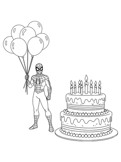 Spiderman holding balloons next to a large birthday cake with candles