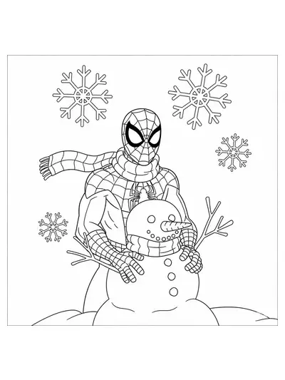 Spiderman wearing a scarf, building a snowman with big snowflakes around