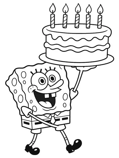 SpongeBob smiling and holding a large birthday cake with candles, simple designs for preschoolers.