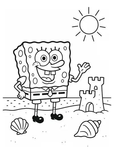 SpongeBob standing on a sunny beach with a sandcastle and seashells, simple outlines for preschoolers.