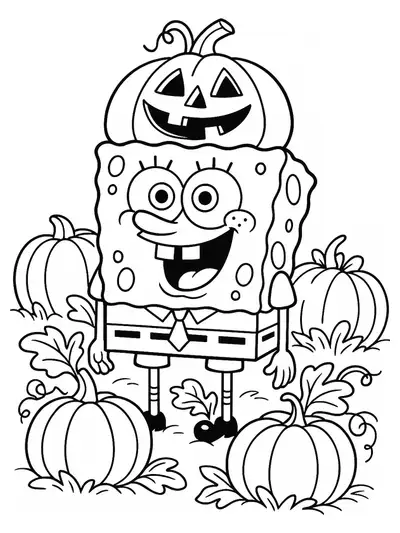 SpongeBob with a pumpkin hat, standing in a patch of large pumpkins, simple outlines for preschoolers.