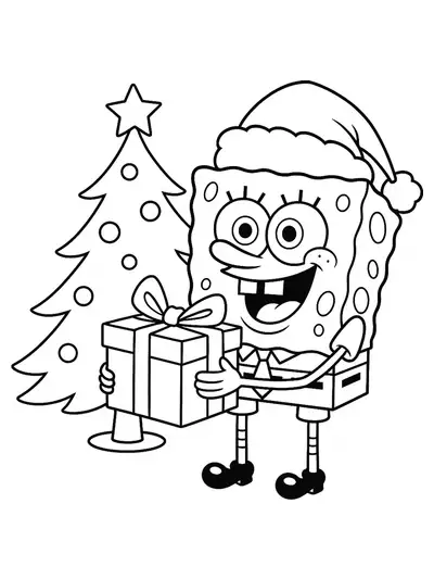 SpongeBob SquarePants wearing a Santa hat, holding a large gift box, standing next to a decorated Christmas tree, easy coloring page.