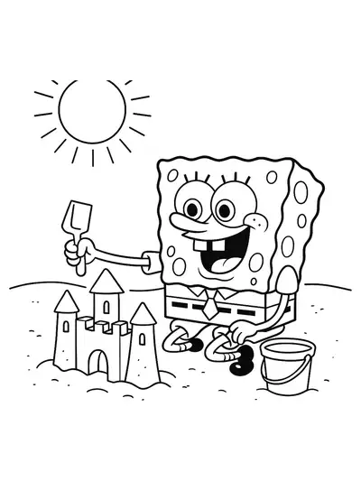SpongeBob wearing swim trunks, building a large sandcastle on the beach with a pail and shovel, sun shining above, easy coloring page.