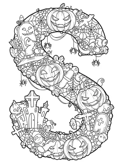 Halloween-themed letter S with spider webs, pumpkins, bats, and castles in a hard coloring page.