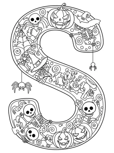 Detailed letter S with spiders, skeletons, pumpkins, and swirls for preschool Halloween coloring