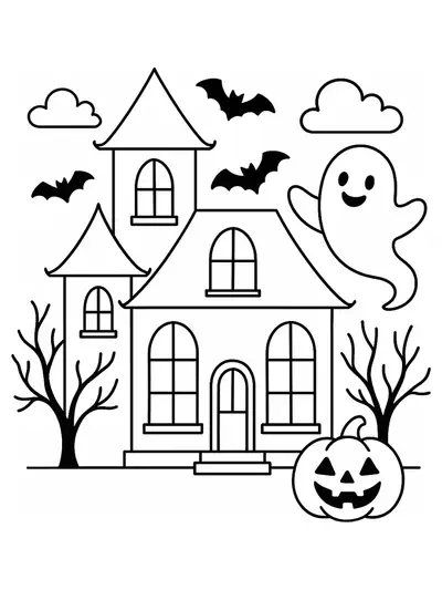 Easy outline of a haunted house with a ghost and jack-o'-lantern for Halloween coloring.