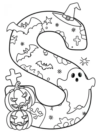 Large letter S with pumpkins, bats, and a ghost, all outlined for easy coloring.