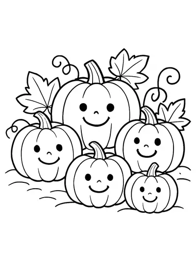 An easy Halloween coloring page with large jack-o’-lanterns in a pumpkin patch.