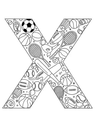 Letter X with soccer balls, basketballs, baseball bats, and tennis rackets, medium complexity for kids.