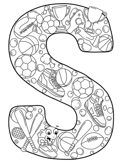 Intricate letter S with soccer balls, sneakers, bats, and trophies for preschool sports coloring