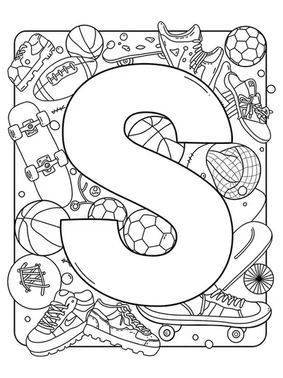 Printable coloring page shows a large letter S with soccer balls, sneakers, and skateboards around it.