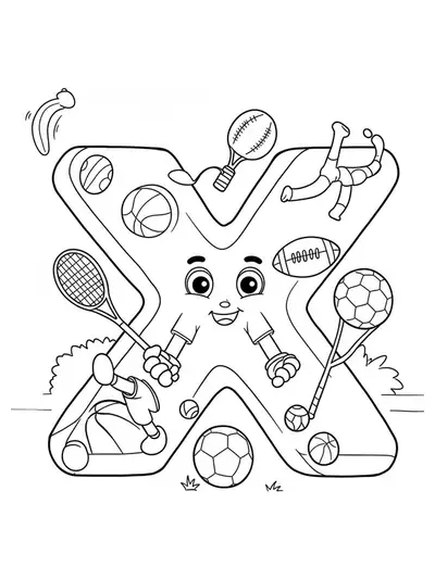 Letter X playing different sports with detailed balls, nets, and equipment for coloring